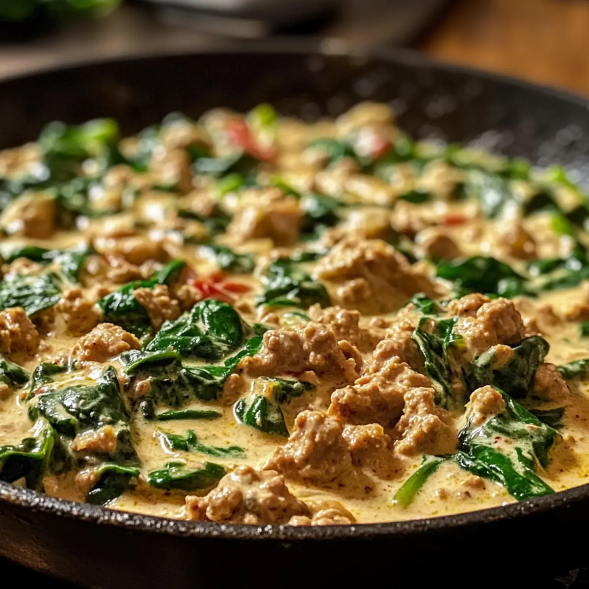 Cremige gemahlene Pute und Spinat Pfanne