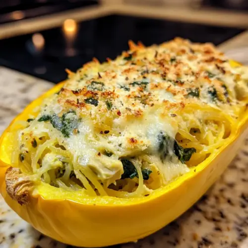 Spinat und Artischocken gefüllter Spaghetti-Kürbis