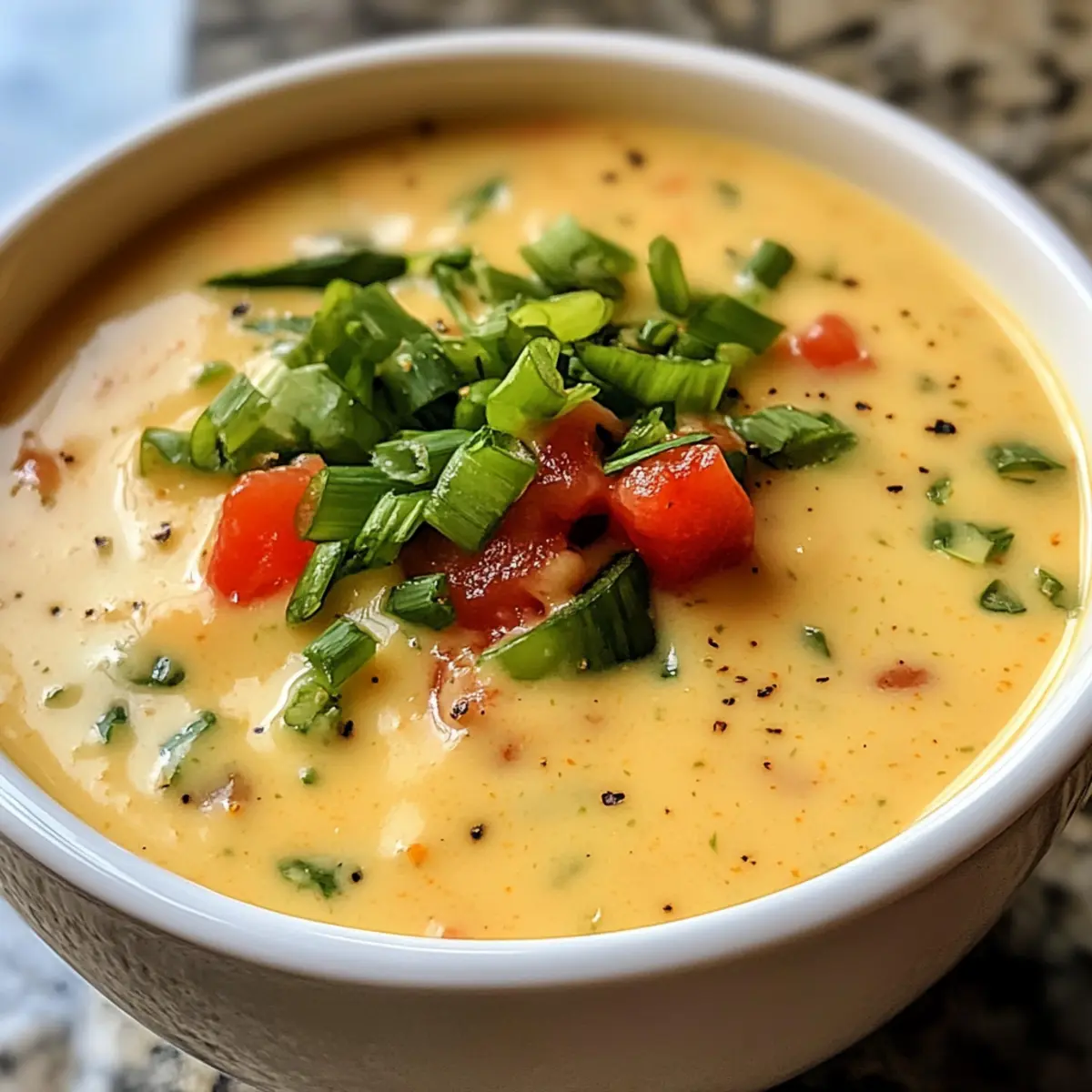 Käse Suppe Zutaten 1 Esslöffel Olivenöl 1 Zwiebel, gehackt 2 Knoblauchzehen, gehackt 1 grüne Paprika, gewürfelt 1 Teelöffel Kreuzkümmel 1 Teelöffel Paprika 1 Teelöffel Chili Pulver 1 Teelöffel Meersalz Pfeffer nach Geschmack 2 Dosen (je 400 g) gehackte Tomaten 2 Tassen Gemüsebrühe 240 ml Sahne 450 g Käse, gerieben (z.B. Cheddar, Monterey Jack) 1 Dose schwarze Bohnen, abgetropft und abgespült 1 Tasse gefrorener Mais Frische Korianderblätter zum Garnieren Optionale Toppings: zerbrochene Tortilla Chips, Avocado, Limettensaft Anleitung 1. In einem großen Topf das Olivenöl bei mittlerer Hitze erhitzen. Zwiebel und Knoblauch hinzufügen und 2-3 Minuten anbraten, bis sie weich sind. 2. Grüne Paprika, Kreuzkümmel, Paprika, Chili Pulver, Meersalz und Pfeffer hinzufügen. Weitere 2 Minuten anbraten. 3. Die gehackten Tomaten und Gemüsebrühe hinzufügen, aufkochen und dann 10 Minuten köcheln lassen. 4. Die Sahne und den Käse nach und nach unterrühren, bis der Käse geschmolzen und die Suppe cremig ist. 5. Schwarze Bohnen und gefrorenen Mais unterrühren und die Suppe weitere 5 Minuten erhitzen. 6. Mit frischem Koriander und optionalen Toppings servieren.