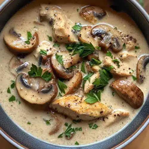 Cremige Rotisserie-Hühnchen-Pilzsuppe