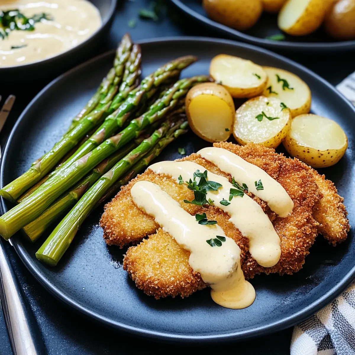 Vegane Sauce Hollandaise mit Spargel und Sellerieschnitzel