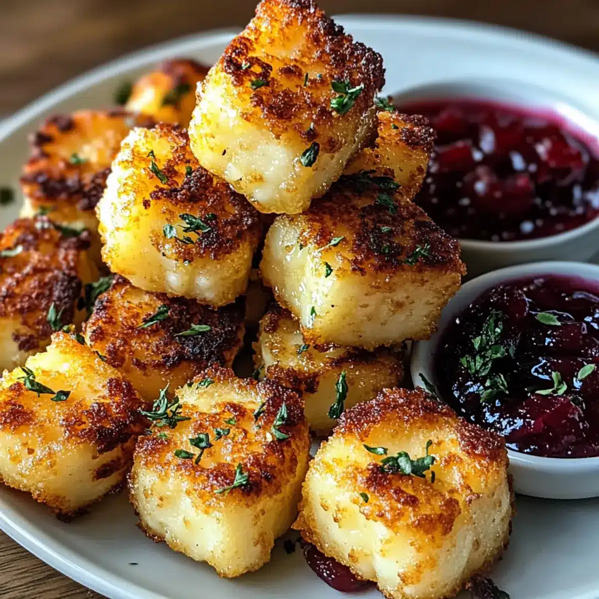 Knusprige Halloumi- und Feta-Bissen mit heißem Honig-Preiselbeerdip – Schnell und unwiderstehlich