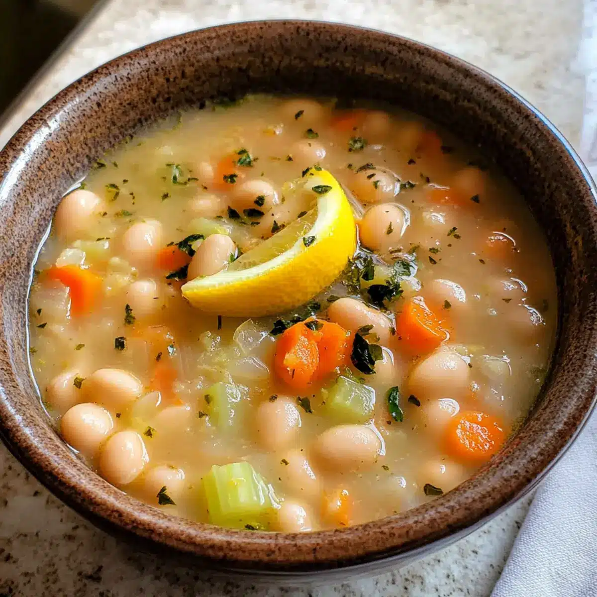 Griechische weiße Bohnensuppe mit Knoblauch und Zitrone