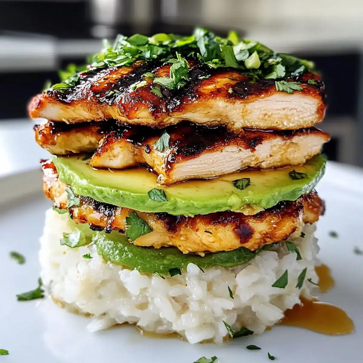 Honig-Limetten-Hühnchen Avocado-Reis-Stapel