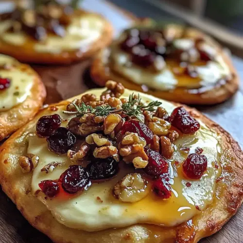 Mini-Pizza mit Brie, Preiselbeeren, Walnüssen und scharfen Honig