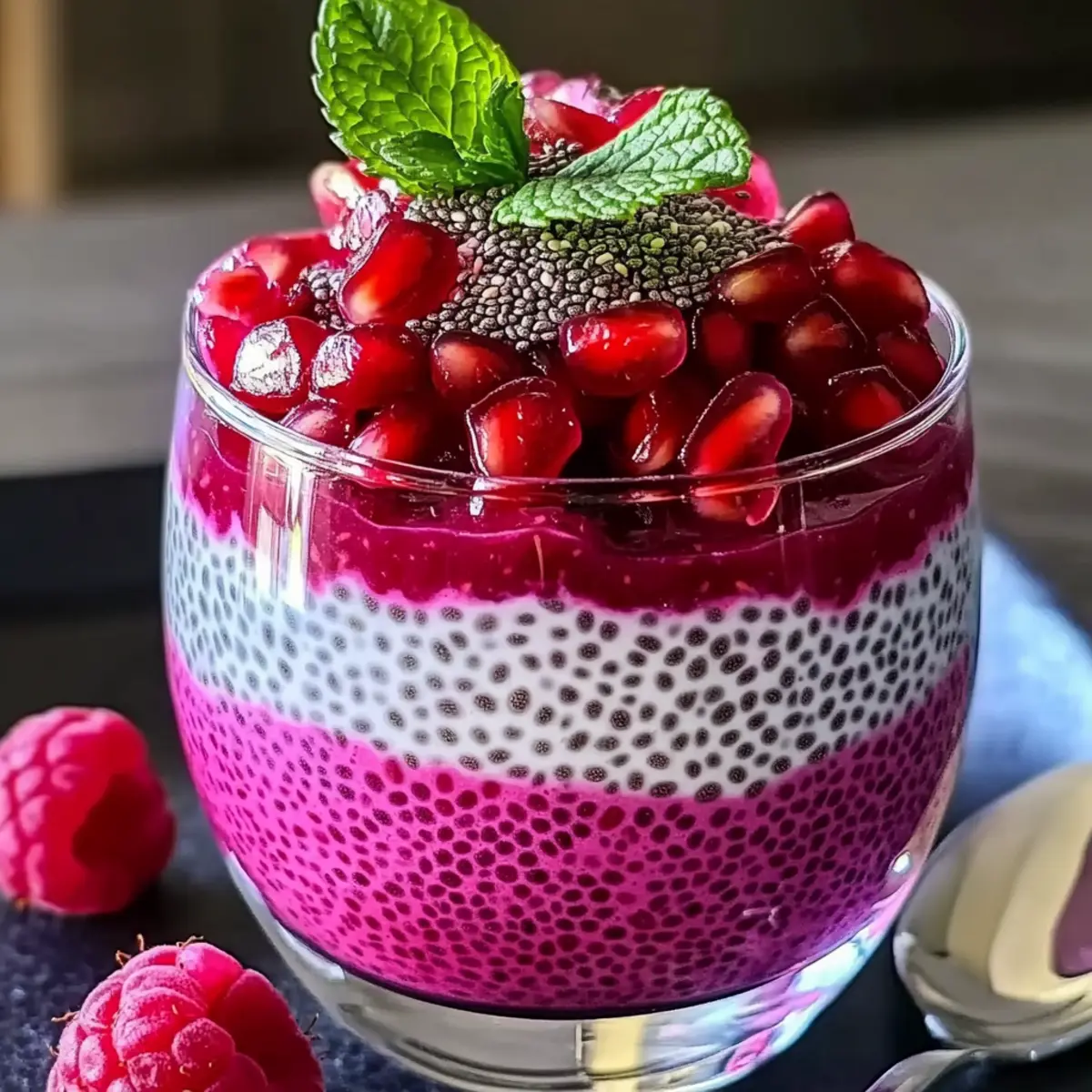 Granatapfel-Himbeer-Chia-Dessert-Rezept Zutaten: - 2 Tassen Granatapfelsaft - 1 Tasse Himbeeren - 1/4 Tasse Chiasamen - 2 Esslöffel Honig oder Ahornsirup - 1 Teelöffel Vanilleextrakt - Eine Prise Salz Anleitung: 1. In einer Schüssel Granatapfelsaft, Honig, Vanilleextrakt und Salz vermischen. 2. Chiasamen hinzufügen und gut umrühren. 3. Die Mischung 10 Minuten ruhen lassen, dann erneut umrühren. 4. Himbeeren vorsichtig unterheben. 5. In Gläser füllen und mindestens 2 Stunden kühl stellen. 6. Vor dem Servieren mit zusätzlichen Himbeeren garnieren.